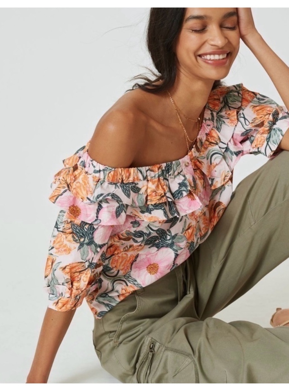 Anthropologie Floral Off-Shoulder Ruffle Blouse in Pink and Orange